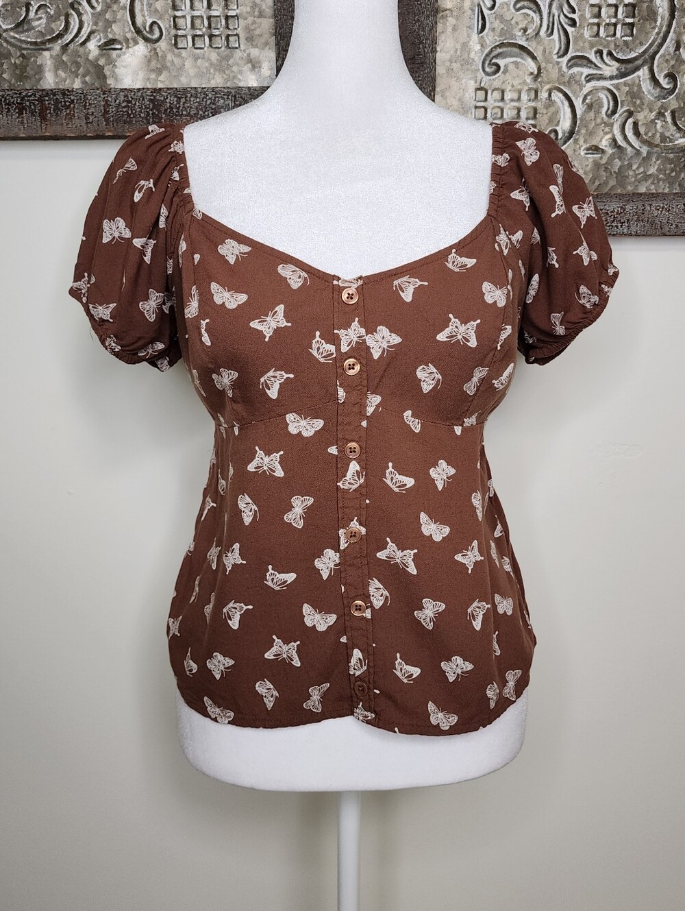Hollister Chocolate Brown Butterfly Print Baby Doll Top Small Y2K Cottagecore